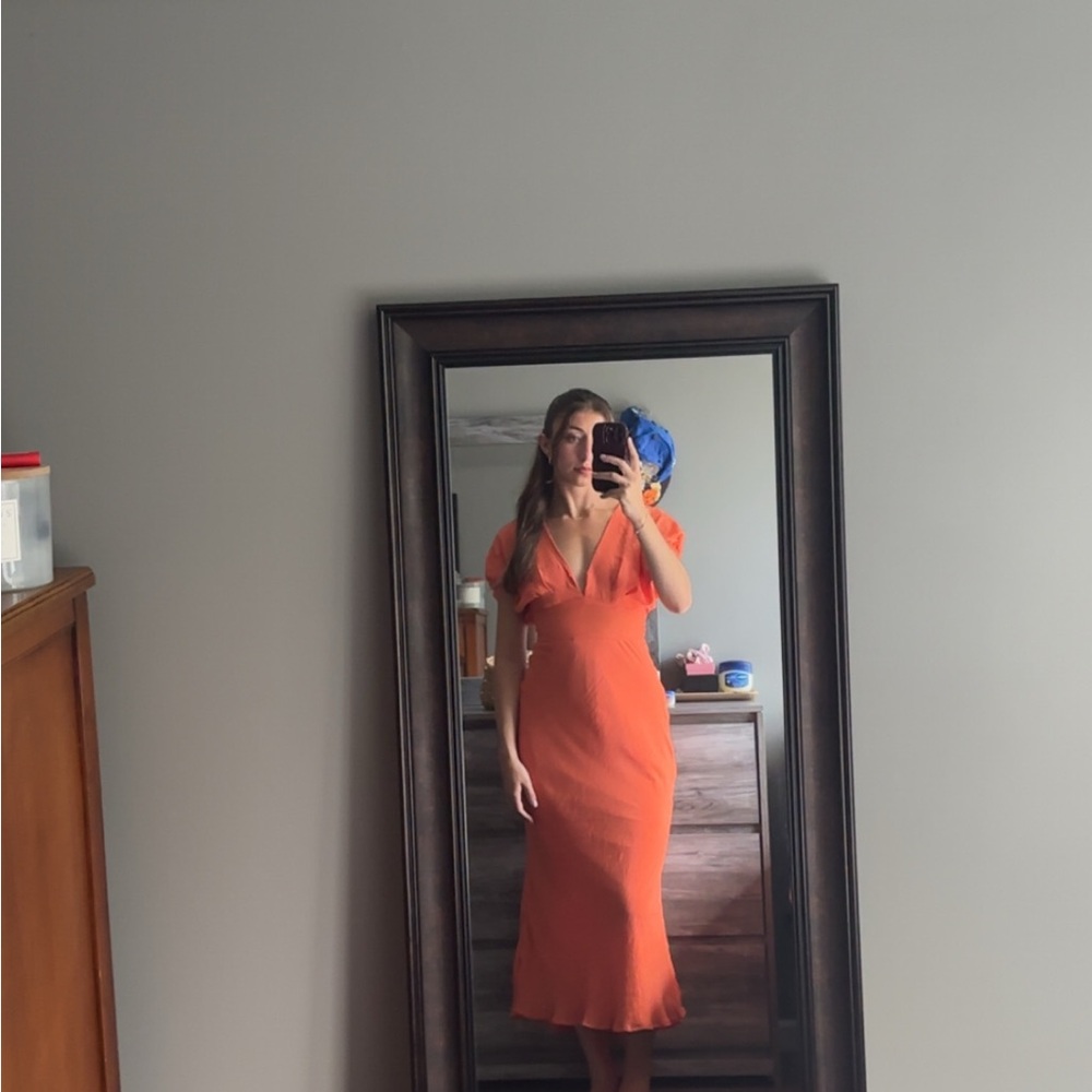 DESIREE MIDI DRESS - V NECK FLUTTER SHORT SLEEVE SLIP DRESS IN ORANGE